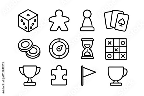 Minimalist Game Icons. Tabletop fun. Line icon set of tabletop fun: dice, meeple, pawn, cards, chips, spinner, timer, game board, trophy, puzzle, flag, cup.