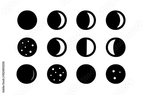 Moon Phases Icons. Moon phases. Solid icon set of Moon phases: new moon, waxing crescent, first quarter, waxing gibbous, full moon, waning gibbous, last