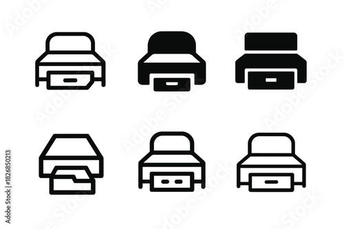 Innovative Storage Icons. Unique home organization systems. Icon set. Set Logo of Unique home organization systems: sliding under-bed storage. harmonious logo
