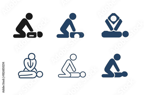 First Aid Logos. First aid training courses. Icon set. Set Logo of first aid: instructor demonstrating aid. harmonious logo variations of the same emblematic