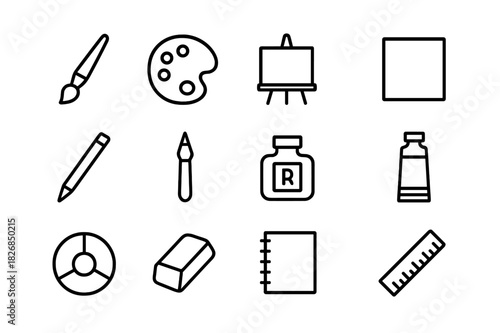 Minimalist Art Icons. Art. Line icon set of art: paintbrush, palette, easel, canvas, pencil, pen, ink bottle, paint tube, color wheel, eraser, sketchbook,