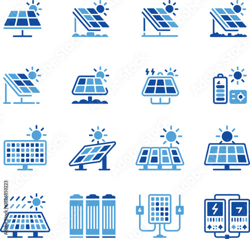 Collection of solar panel icons representing renewable energy sources and sustainable technology for power generation and environmental conservation initiatives in a flat style