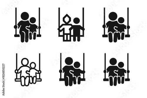 Parent-Child Bonding Icons. parent-child bonding. Icon set. Set Logo of parent-child bonding: swing scene with two figures. harmonious logo variations of the