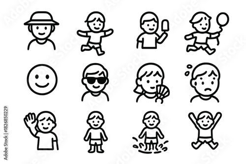 Summer Kids Icons. Summer kids. Line icon set of summer kids: child with hat, skipping child, holding popsicle, running with balloon, smiling face, sunglasses