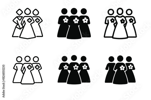 Bridesmaids Logo Designs. Bridesmaids in matching dresses. Icon set. Set Logo of bridesmaids in matching dresses: Dresses with floral accents. harmonious logo