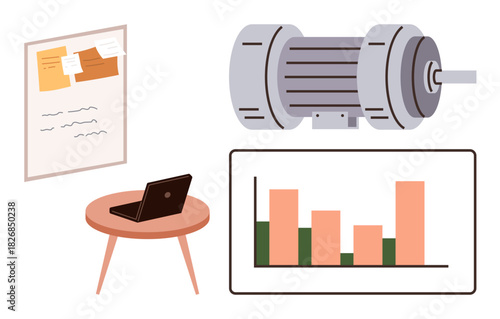 Industrial motor adjacent to data chart, laptop on desk, and bulletin board with pinned notes. Ideal for automation, innovation, data management, engineering, project planning, productivity simple