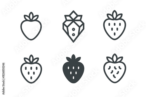 Strawberry Logo Variations. Strawberry. Icon set. Set Logo of strawberry: berry line illustration. harmonious logo variations of the same emblematic concept,