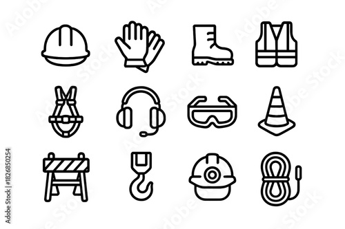 Construction Safety Icons. Construction safety. Line icon set of construction safety: hard hat, gloves, boots, safety vest, safety belt, ear protectors,
