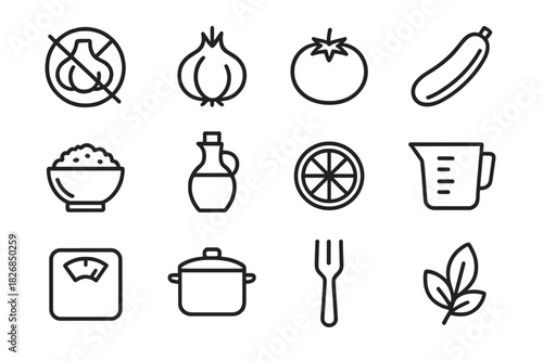 Low FODMAP Icons. Low FODMAP cooking. Line icon set of low FODMAP cooking: garlic crossed out, onion, tomato, zucchini, rice bowl, olive oil, lemon, measuring