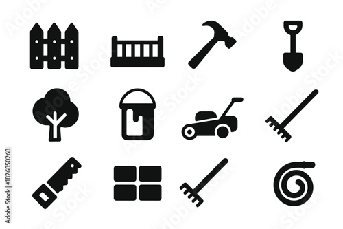Outdoor Renovation Icons. Outdoor renovation. Solid icon set of outdoor renovation: fence, deck, hammer, shovel, tree, paint bucket, lawn mower, wheelbarrow,