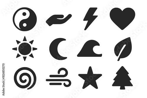 Energy Symbols Grid. Energy balance. Solid icon set of energy balance: yin yang, hand, lightning bolt, heart, sun, moon, wave, leaf, spiral, breath, star,