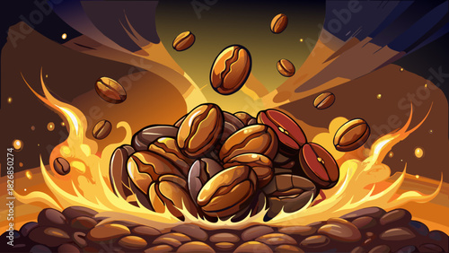 Floating espresso beans rising from a mound of freshly ground coffee, surrounded by moody smoke and glowing highlights, ideal for packaging design and high-end beverage ads