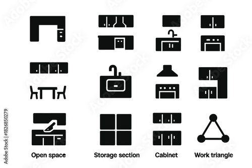 Black Kitchen Layout Icons. Kitchen layout. Solid icon set of Kitchen layout: L-shape counter, island counter, U-shape counter, galley counter, open space,