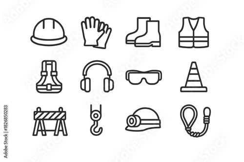 Construction Safety Icons. Construction safety. Line icon set of construction safety: hard hat, gloves, boots, safety vest, safety belt, ear protectors,
