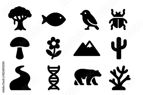 Biodiversity Icon Grid. Biodiversity. Solid icon set of biodiversity: rainforest tree, ocean fish, bird, insect, mushroom, flower, mountain, desert cactus,