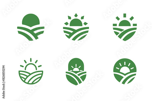 Sustainable Farming Logos. Sustainable farming practices. Icon set. Set Logo of sustainable farming: crop rows with sun. harmonious logo variations of the same