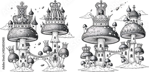 Etched Crowned Mushroom Kingdom Vector Set Featuring Fantasy Royal Architecture Bridges And Detailed Monochrome Engraved Designs