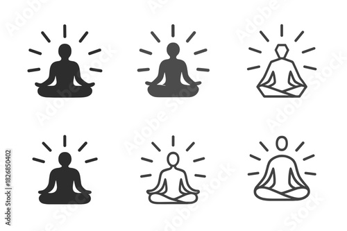 Harmonious Personal Growth Icons. Professional branding and personal development. Icon set. Set Logo of personal development: person meditating with light