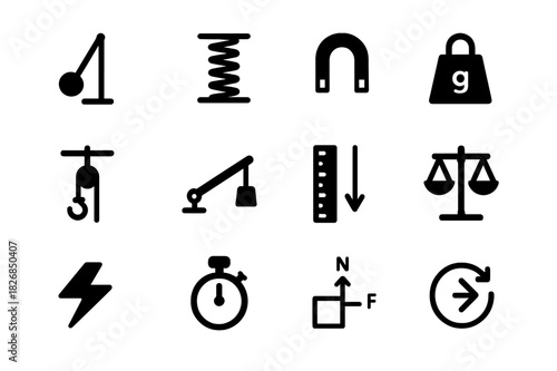 Physics Experiments Icons. Physics experiments. Solid icon set of Physics experiments: pendulum, spring, magnet, weight, pulley, lever, measurement icon,