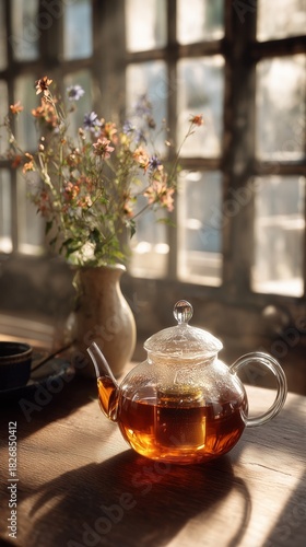 Clear Glass Teapot Filled With Tea Beside a Bouquet of Flowers in a Sunlit Room