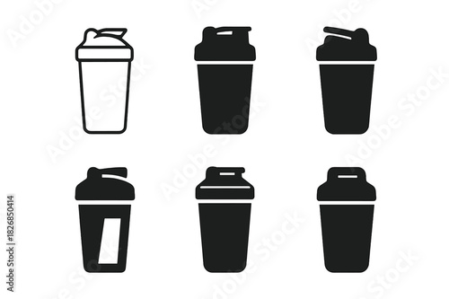 Protein Shaker Icons. Protein Shaker. Icon set. Set Logo of Protein Shaker: shaker bottle with lid. harmonious logo variations of the same emblematic concept,