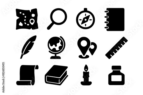 Historical Research Icons. Historical research. Solid icon set of Historical research: old map, magnifying glass, compass, notebook, quill pen, globe, map