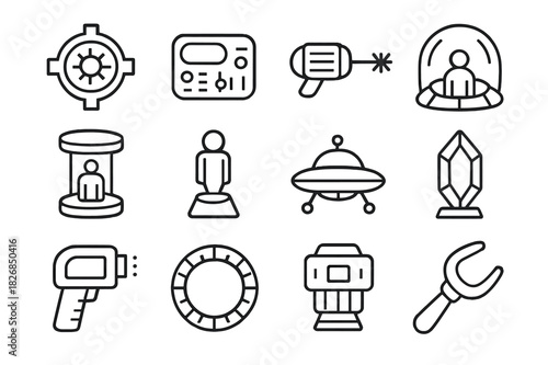 Alien Technology Icons. Alien technology. Line icon set of alien technology: energy core, control panel, laser beam, force field, teleport device, hologram,