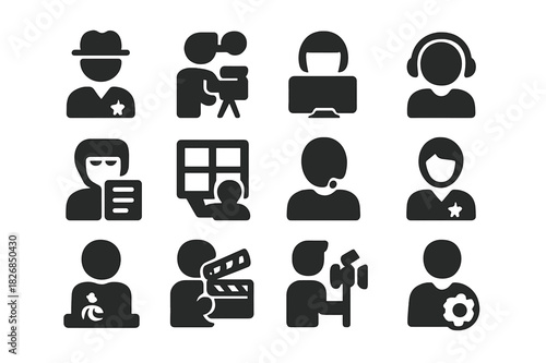 Film Crew Icons. Team collaboration. Solid icon set of team collaboration: director, camera operator, editor, sound engineer, scriptwriter, storyboard artist,