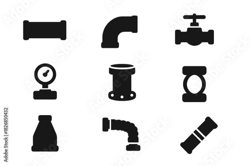 Industrial Pipe Icons. Industrial pipes. Solid icon set of Industrial pipes: straight pipe, elbow joint, T-junction, valve, pressure gauge, flange, pipe