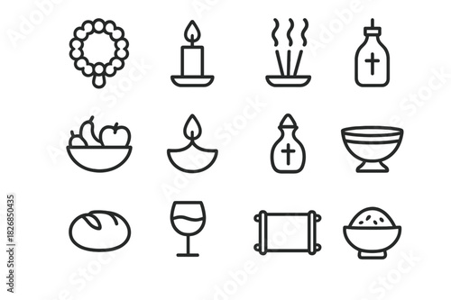 Ritual Offering Icons. Ceremonial items. Line icon set of ceremonial items: incense burner, candle, altar, cross, bell, flower garland, ceremonial staff,
