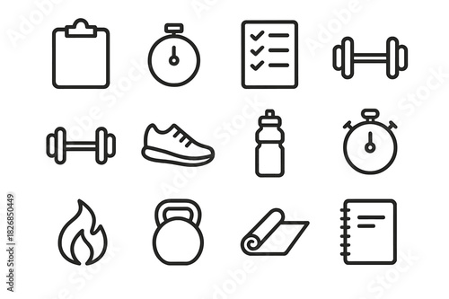 Workout Icon Set. Workout routine. Line icon set of workout routine: clipboard, timer, checklist, dumbbell, barbell, shoe, water bottle, stopwatch, flame,