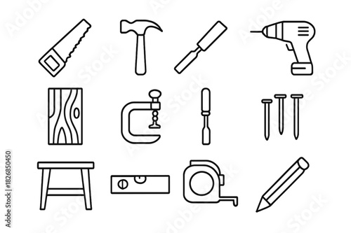 Woodworking Tools Icons. Woodworking Projects. Line icon set of Woodworking Projects: saw, hammer, chisel, drill, wood plank, clamp, screwdriver, nails,