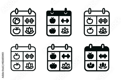 Wellness Plan Logos. Personalized wellness plans. Icon set. Set Logo of personalized wellness plans: Calendar with wellness icons. harmonious logo variations