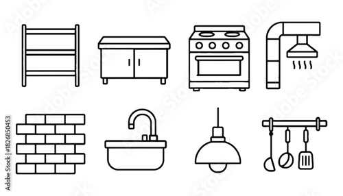 Kitchen appliances and furniture line art vector illustration