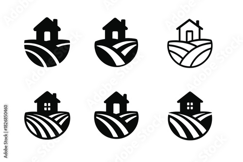 Landowner Logo Variations. Landowner. Icon set. Set Logo of landowner: farm with fencing. harmonious logo variations of the same emblematic concept, each with