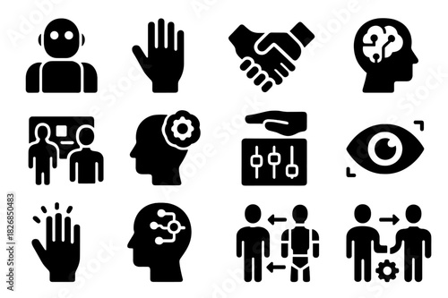 AI-Human Interaction Icons. AI-human interaction. Solid icon set of AI-human interaction: humanoid robot, human hand, handshake, brain link, shared interface,