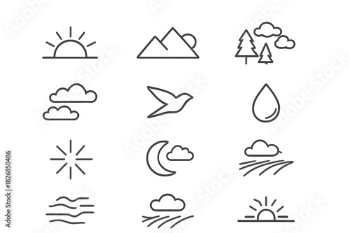 Dawn Icon Set. Dawn. Line icon set of dawn: rising sun, horizon line, mountains, trees, clouds, bird, dew drop, light rays, morning star, moon fading, field,