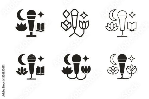 Cultural Storytelling Logos. Cultural storytelling nights. Icon set. Set Logo of storytelling nights: microphone and cultural symbols. harmonious