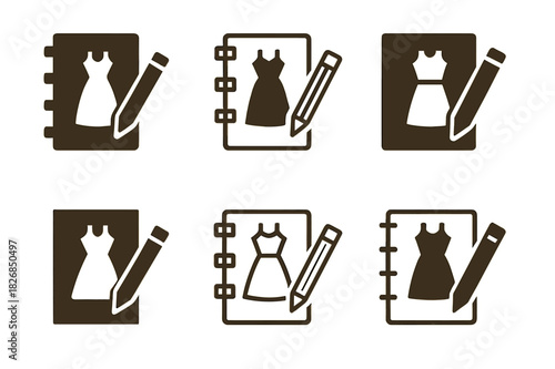 Custom Fashion Logos. Personalized fashion and custom clothing. Icon set. Set Logo of personalized fashion and custom clothing: design sketchbook with clothing