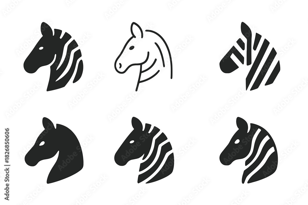Naklejka premium Zebra Logo Variations. Zoo visit. Icon set. Set Logo of zebra. harmonious logo variations of the same emblematic concept (Filled silhouette, Minimal outline,