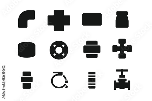 Plumbing Icons Grid. Plumbing Accessories. Solid icon set of elbow joint, T-joint, coupler, reducer, cap, flange, union, cross joint, adapter, clamp, nipple,