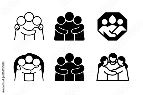 Family Memory Icons. Creating memories with friends and family. Icon set. Set Logo of creating memories with friends and family: group hug. harmonious logo