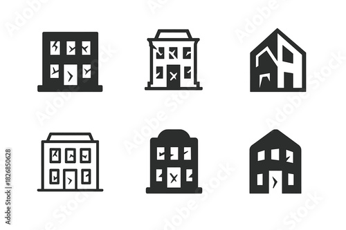 Abandoned Building Icons. Abandoned building. Icon set. Set Logo of abandoned building: broken windows and doors. harmonious logo variations of the same