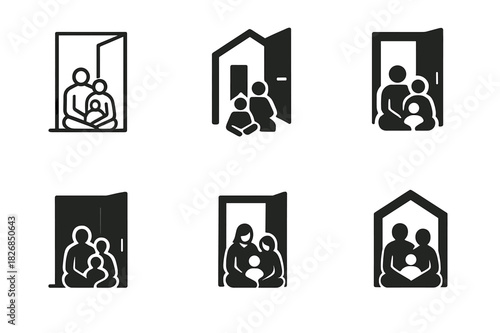 Homeless Family Logos. Homeless family. Icon set. Set Logo of homeless family: open door and family. harmonious logo variations of the same emblematic concept,