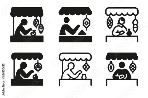 Craft Market Icons. Vendors selling crafts. Icon set. Set Logo of craft vendors: open-air artisan market. harmonious logo variations of the same emblematic