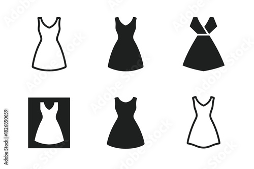 Timeless Fashion Logos. Timeless fashion and slow fashion principles. Icon set. Set Logo of timeless fashion: classic dress silhouette. harmonious logo