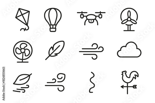 Flight Motion Icons. Flight & Motion. Line icon set of Flight & Motion: kite, hot air balloon, drone, propeller, fan, feather, gust, breeze, cloud, leaf