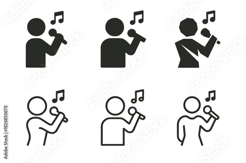 Karaoke Logo Variations. Karaoke events and competitions. Icon set. Set Logo of karaoke: singer silhouette with music notes. harmonious logo variations of the
