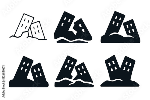 Collapsed Buildings Logos. Collapsed buildings. Icon set. Set Logo of Collapsed buildings: Earthquake aftermath. harmonious logo variations of the same