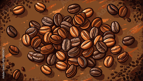 Rich roasted coffee beans scattered on a textured dark surface, creating a warm aromatic backdrop ideal for café branding, packaging, and product advertising